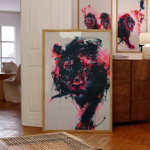 Arte abstracto de la pared, cartel del león, impresión de arte negro, cartel grande en rosa y negro, decoración de arte estético, decoración de la pared del león, decoración abstracta del hogar