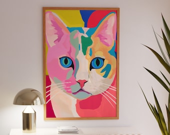 Könnte beinhalten: Ein farbenfrohes abstraktes Gemälde einer Katze mit rosa, grün, gelb, blau und roten Farben. Die Katze schaut direkt auf den Betrachter.