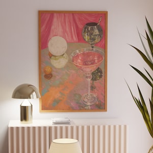 Bar Cart Print, Kitchen Wall Art, Pink Decor, Disco Poster, Martini Art Print, Wall Art, Girly Apartment Decor, Cocktail Poster, 70s Art