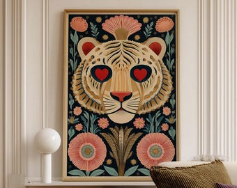 Love Tiger Art Print, Boho Floral Big Cat Poster