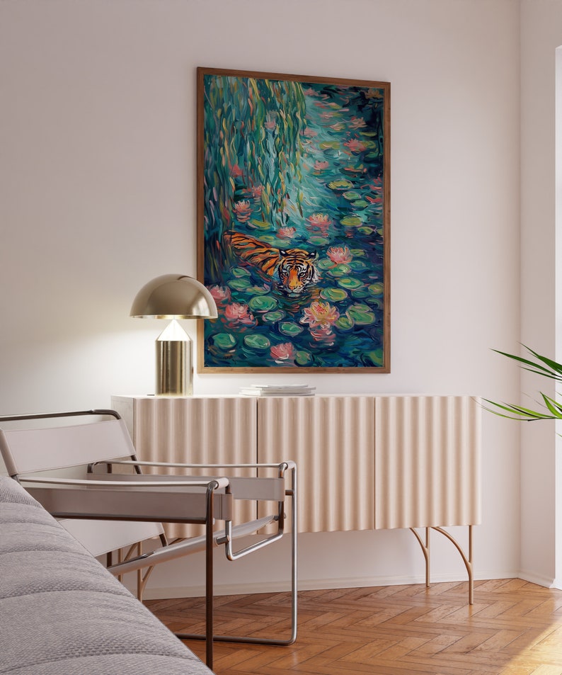 Colorful Tiger Painting, Maximalist Art, Lush Floral Artwork, Trendy