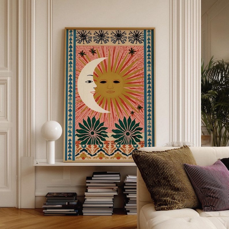 Sun and Moon Wall Art, Celestial Art Print, Boho Folk Art Poster, Tarot ...