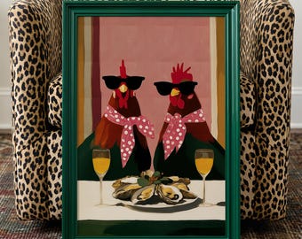 Whimsical Chicken Painting: Brunch With Mimosas, Colorful Animal Art, Eclectic Dopamine Decor