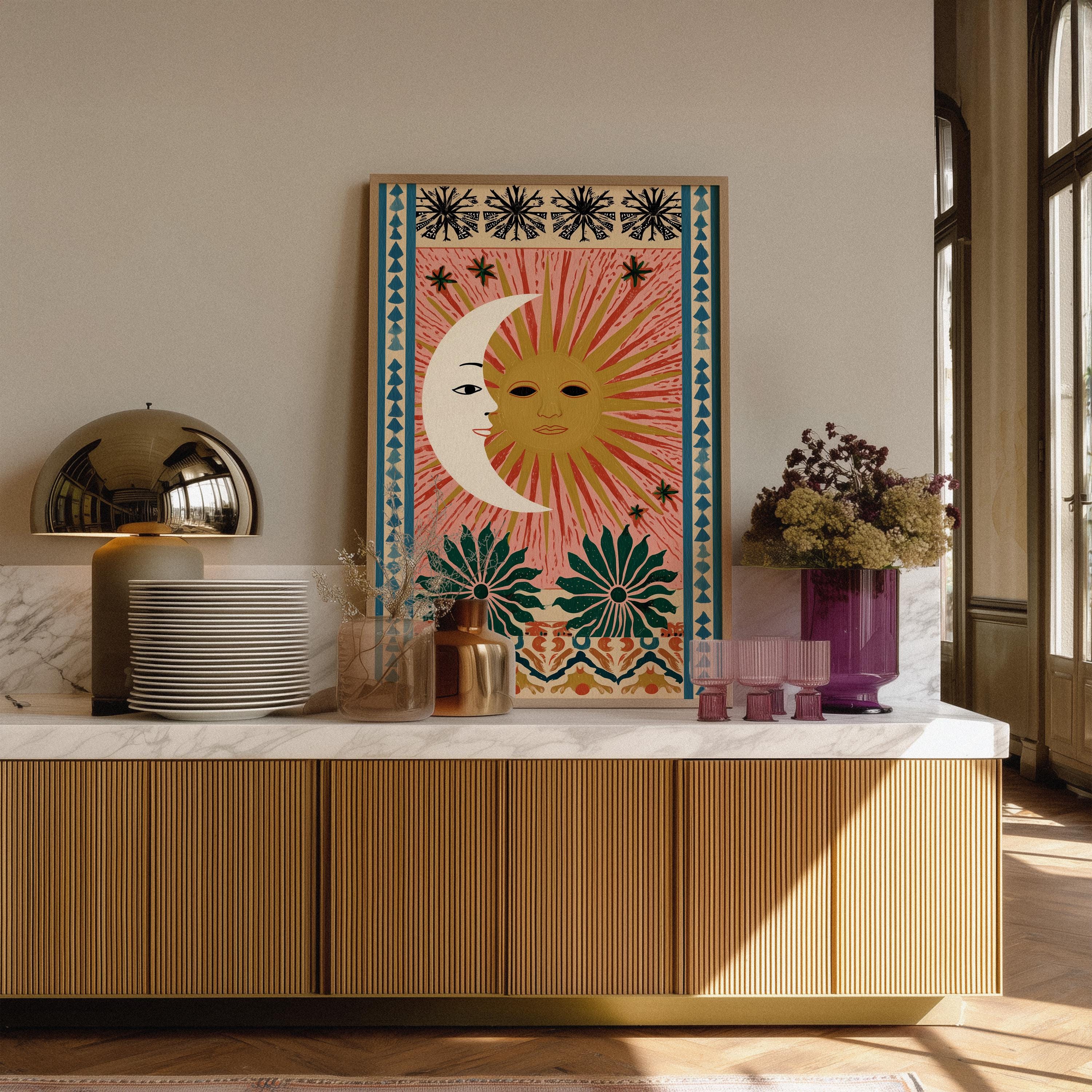 Sun and Moon Wall Art, Celestial Art Print, Boho Folk Art Poster, Tarot ...
