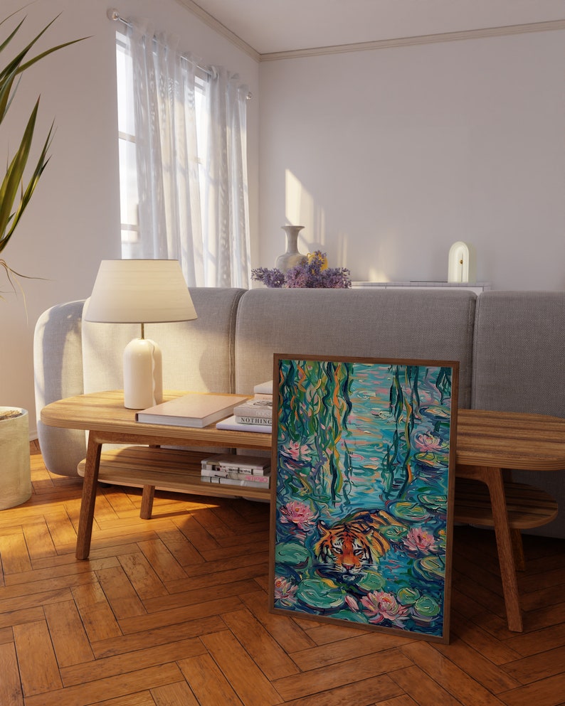 Swimming Tiger in Lily Pond, Impressionist Nature Art, Colorful Tiger