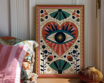 Impression d'art oeil de coeur de sorcière : affiche de symbole folklorique mystique, décoration murale boho sacré coeur