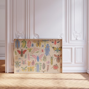 May include: A framed print featuring a colorful illustration of various insects, including butterflies, beetles, and dragonflies. The print has a vintage aesthetic and is set against a light beige background.