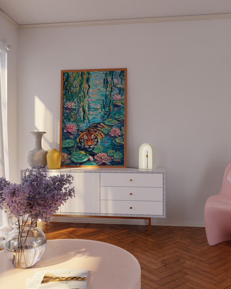 Swimming Tiger in Lily Pond, Impressionist Nature Art, Colorful Tiger