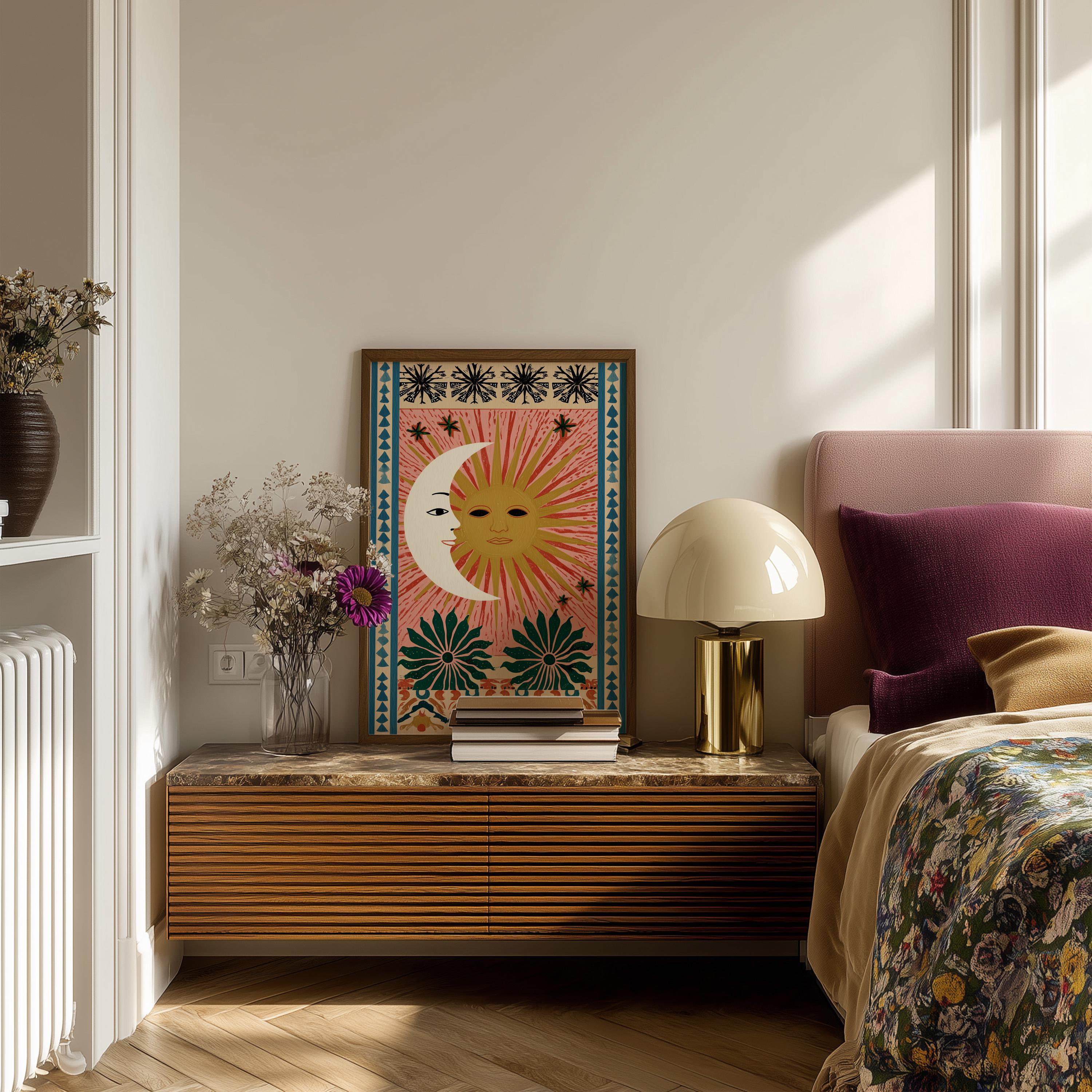 Sun and Moon Wall Art, Celestial Art Print, Boho Folk Art Poster, Tarot ...