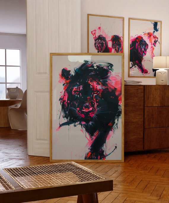 Abstract Lion Art Print, Pink and Black Poster