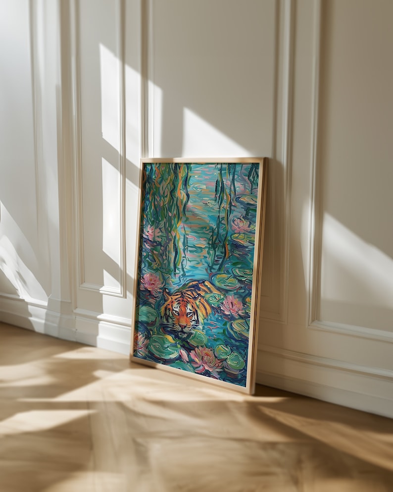 Swimming Tiger in Lily Pond, Impressionist Nature Art, Colorful Tiger