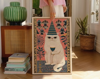 Whimsical Cat Wall Art: Funny Persian Cat Print, Boho Animal Poster, Eclectic Gallery Decor
