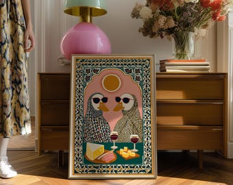 Funny Duck Art Print: Wine And Cheese Wall Art, Quirky Animal Illustration, Kitchen Decor