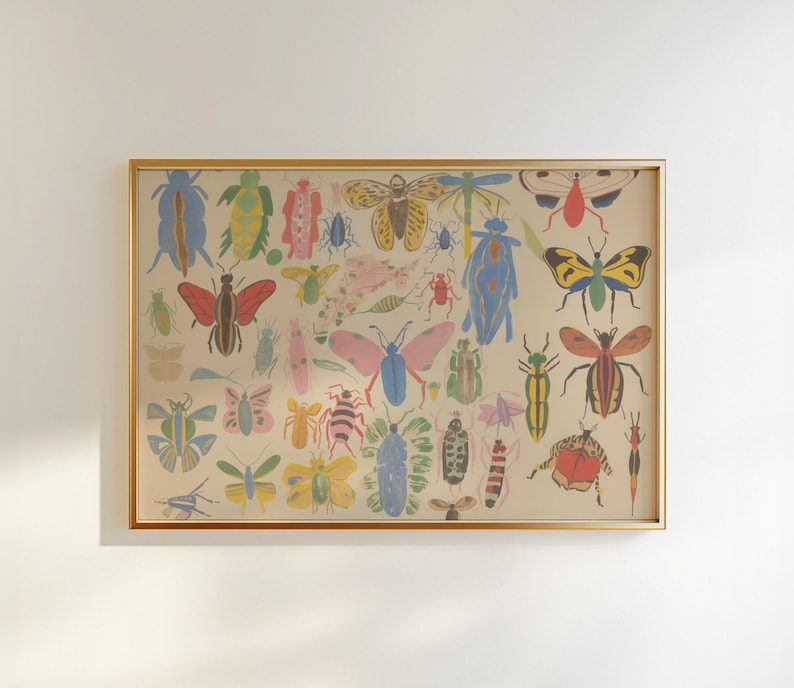 May include: A framed print featuring a colorful collection of insects and butterflies. The print is on a cream background and includes a variety of species, including beetles, moths, and dragonflies.
