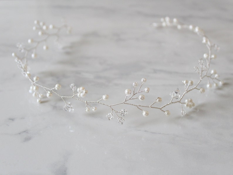 Bridal Crystal Halo Pearl Wedding Headpiece Gold Crystal Wedding Headband Crystal and Pearl Hair Vine Bridal Headpiece Boho Bride Hair Piece image 8