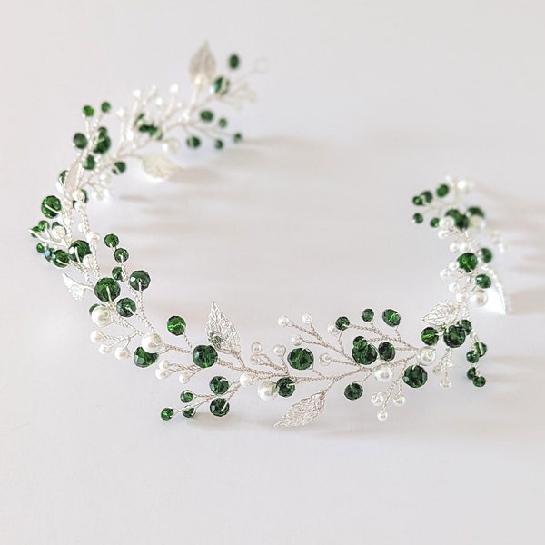 Emerald Green Hair Piece Silver Wedding Green Crystal Hair Vine Bridal Emerald Green Hairpiece Wedding Silver Hair Jewelry Leaf Bridal Crown