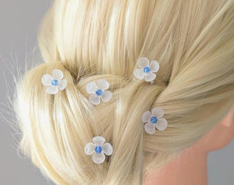 Something Blue Flower Hair Pins, White Floral Hair Accessories for Formal Events, Minimal Hair Pin Set with Blue Crystals