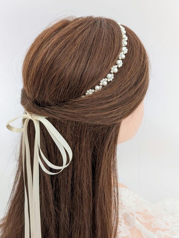 Bridal Headband Flower Pearl Ribbon Hair Accessory Wedding Headpiece Amazon.com : YOUlDIANZI Flower Girl Princess Headpiece  main image 2