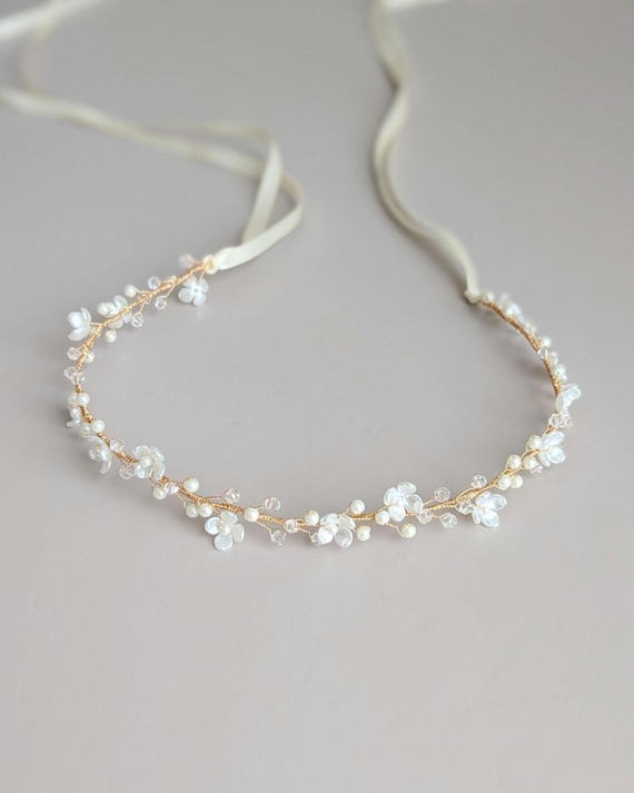 Gold Floral Bridal Sash Belt with White Ribbon Curled petals and crystals bridal sash - Style #2515 main image 4