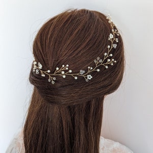 Bridal Crystal Halo Pearl Wedding Headpiece Gold Crystal Wedding Headband Crystal and Pearl Hair Vine Bridal Headpiece Boho Bride Hair Piece image 2