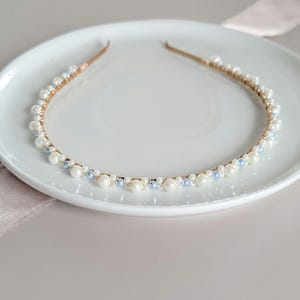 Dainty Pearl Bride Headband: Something Blue Bridal Hairpiece