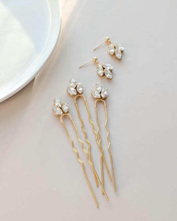 Dainty Crystal Bridal Hair Pin and Earring Set, Gold Wedding  display picture 3