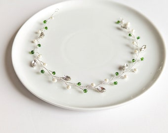 Wedding Headband Green Wedding Hair Vine Pearl Bridal Headband Dainty Bridal Headband Green Headband Bride Accessories Wedding Dainty Gold