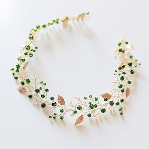 Morceau de cheveux vert émeraude mariage liane de cheveux en cristal vert mariée Postiche vert émeraude mariage bijoux de cheveux en or feuille d'or couronne de mariée