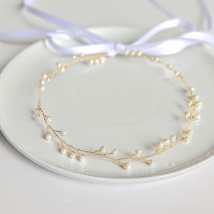 Bridal Headband Bridal Hair Vine Headband Vine Ribbon Tie Headband Bride Hairpiece Silver Headband Gold Hair Piece Wedding Pearl Circlet