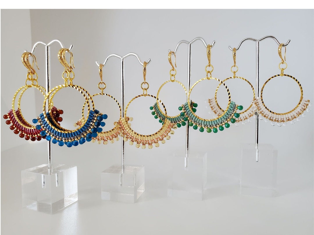 Beaded Hoop Earrings With Charms, Handmade, Miyuki Delica Beads