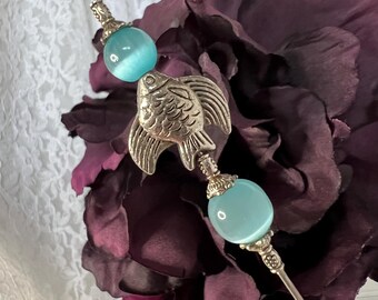 Fish Hatpin ~ Aqua blue Cat’s Eye ~ Sturdy to wear to the beach for your sun hat or beach wedding ~ 7” long with clutch