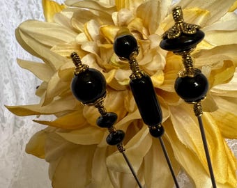 Stick Pins ~ 3 Jet Black Glass Hat Pin Lot ~ Small beads ~ 5” Long ~ Sturdy to wear ~ Includes Clutches ~ Mourning Funeral ~ Gothic Goth
