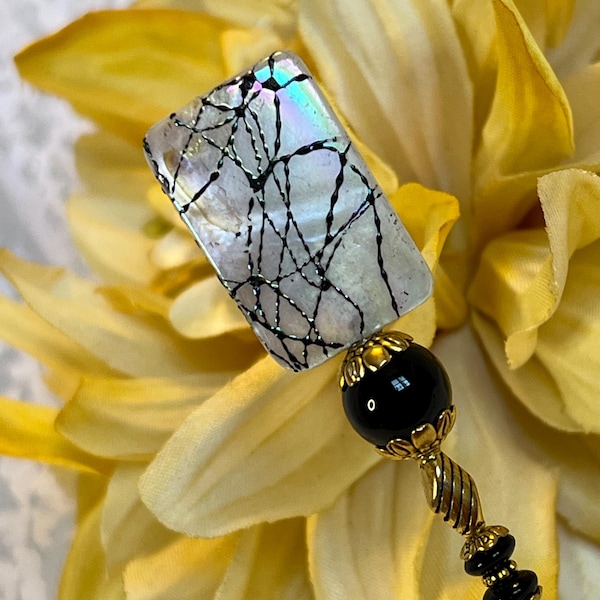 Hatpin ~ Mother of Pearl Shimmering Shell highlighted with Jet Black ~ 8” Long ~ Includes Clutch ~ Sturdy to wear