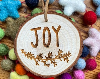 Joy Wood Slice Ornament // Christmas Ornament // Laser Engraved // Natural Wood // Round Ornament