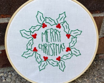 Merry Christmas Holly Wreath / Beginner DIY Embroidery Kit / Great for adults and kids!