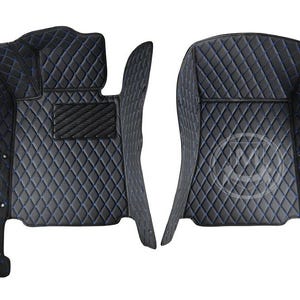 Black With Blue Luxury Diamond Custom Fitted Premium Leather Car Floor Mats Full Set V1.0