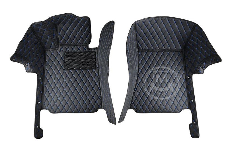Black With Blue Luxury Diamond Custom Fitted Premium Leather Car Floor Mats Full Set V1.0
