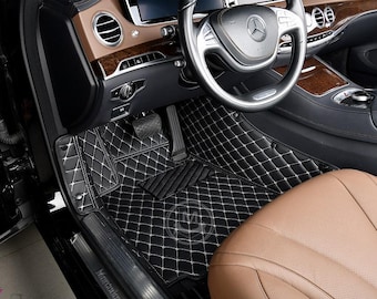 Black & White Stitching Custom Car Mats – Diamond Stitch Design, Luxury Leather Floor Mats, Black Car Interior Accessories