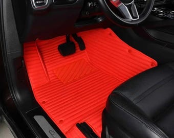 Bright Red Custom Car Floor Mats – Luxury Leather Full Set | Sport Stripe Design | All Weather Fit for Any Vehicle