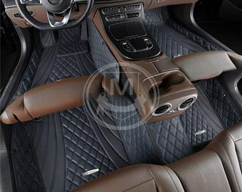 Black Luxury Diamond with Blue Stitching Custom Fitted Premium Leather Car Floor Mats Full Set V3.0