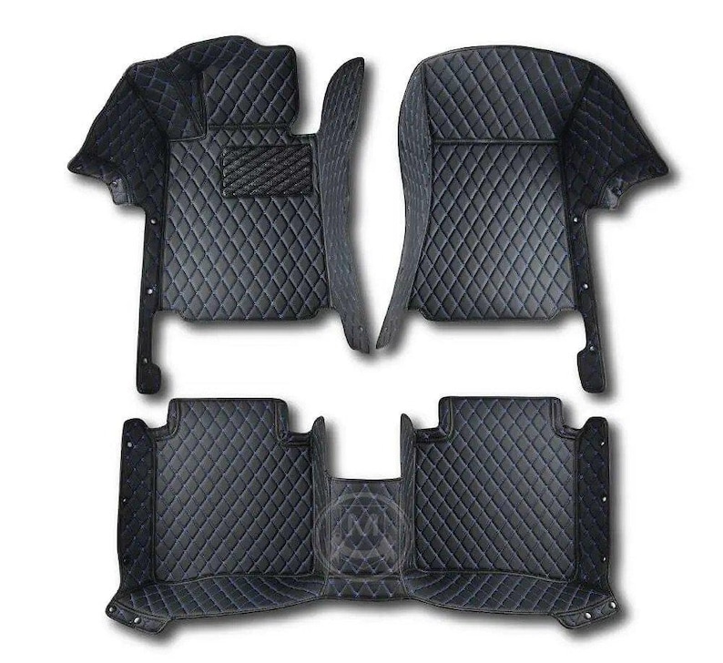 Black With Blue Luxury Diamond Custom Fitted Premium Leather Car Floor Mats Full Set V1.0