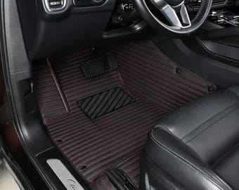 Black With Red Luxury Stripe Custom Fitted Premium Leather Car Floor Mats Full Set V1.0