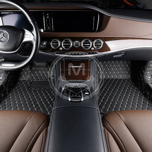 Manicci Luxury Leather Custom Fitted Car Mats - Black Diamond Car Mats Full Set with Beige Stitching