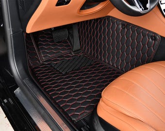 Custom Black & Red Hexagon Honeycomb Leather Car Floor Mats – Luxury Premium Fitted Full Set, Manicci V1.0