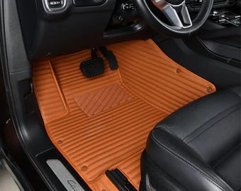 Brown Luxury Stripe Custom Fitted Premium Leather Car Floor Mats Full Set V1.0