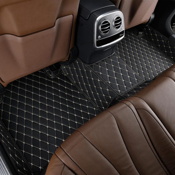 Black Manicci Luxury Diamond Premium Leather Custom Fitted Car Mats V1- Black Car Mats 9 Stitching Options Full Set