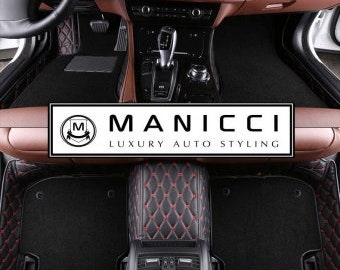 Premium Manicci Luxury Leather Custom Fitted Car Mats 2.0 - Black Diamond Car Mats Full Set with Red Stitching