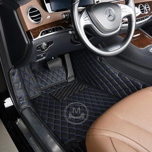 Black With Blue Luxury Diamond Custom Fitted Premium Leather Car Floor Mats Full Set V1.0