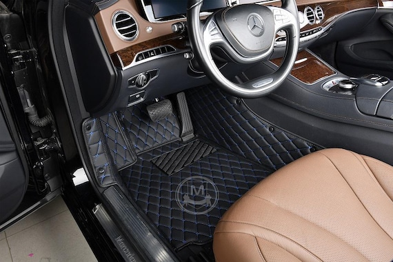 Black with Blue Luxury Diamond Car Mats – Custom Fitted Premium Leather Floor Mats for Cars, SUVs & Trucks – Full Set by Manicci
