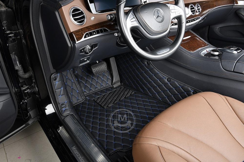 Black With Blue Luxury Diamond Custom Fitted Premium Leather Car Floor Mats Full Set V1.0